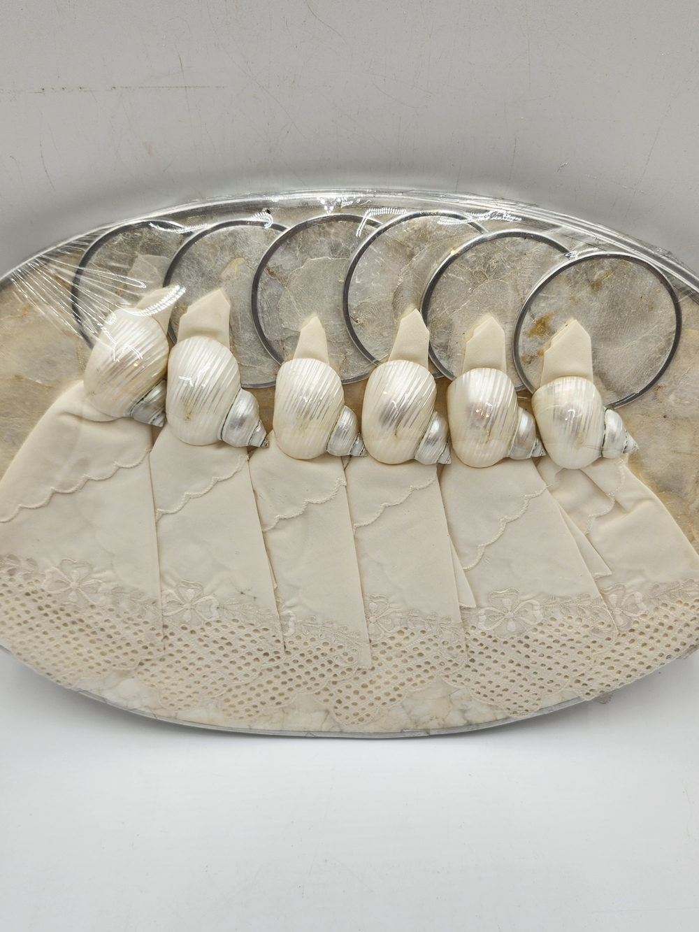 Vintage Mother of Pearl Shell Placemat Coaster Napkin Ring Set New Capiz - Picture 3 of 12